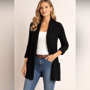 Talbots Black Wool Blend Open Front Cardigan Sweater Long Shawl Collar Medium